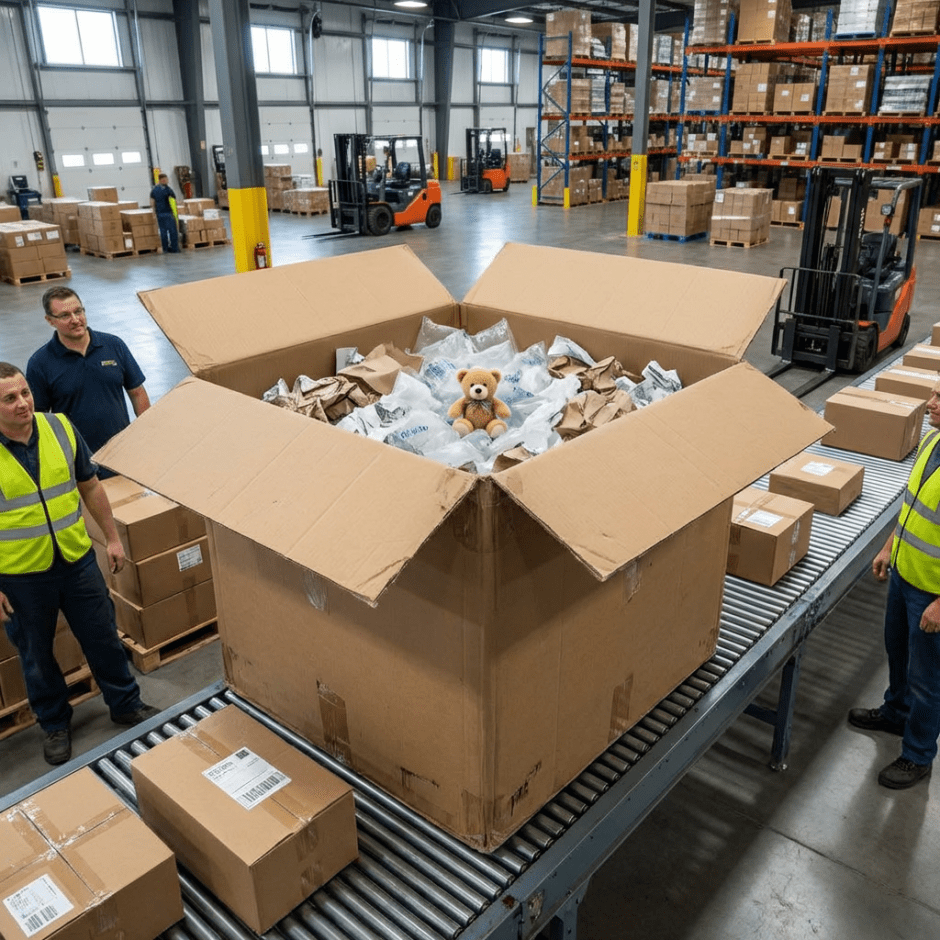 Small teddy bear inside a giant cardboard box on a warehouse conveyor belt.